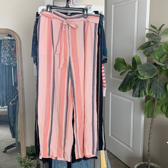 LOFT Pants - LOFT linen striped pant high waist crop pink peach navy stripe waist belt